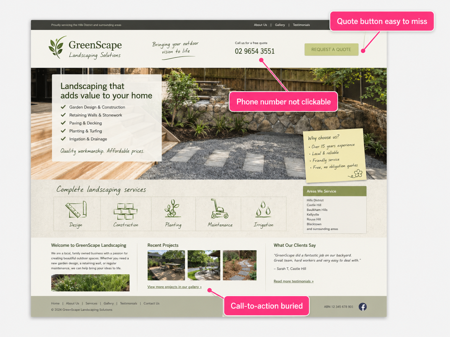 Landscaping website example showing a weak quote path with hard-to-spot calls to action