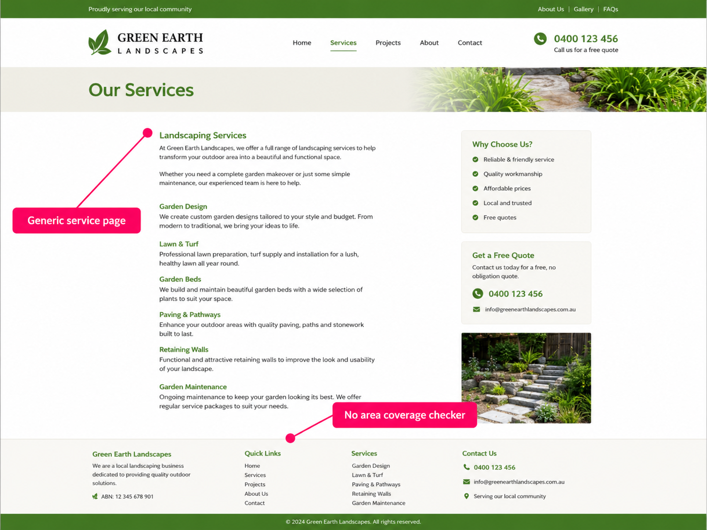 Landscaping service page example showing generic content and weak service-area coverage